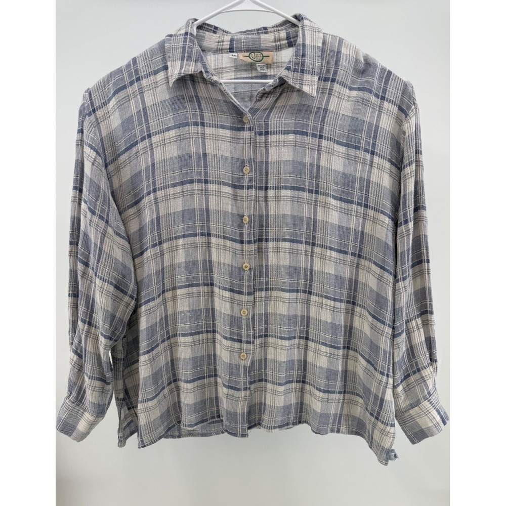 VTG J. Jill Ltd Womens 2X Blue Cream Plaid Button Down Shirt woven 80s 90s